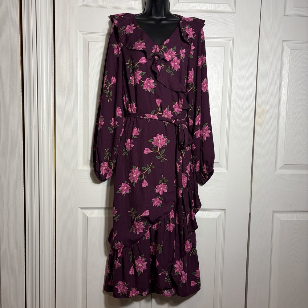 Draper James RSVP Faux Wrap Dress Women 1X Plum‎ Pink Floral Long Sleeve Ruffle